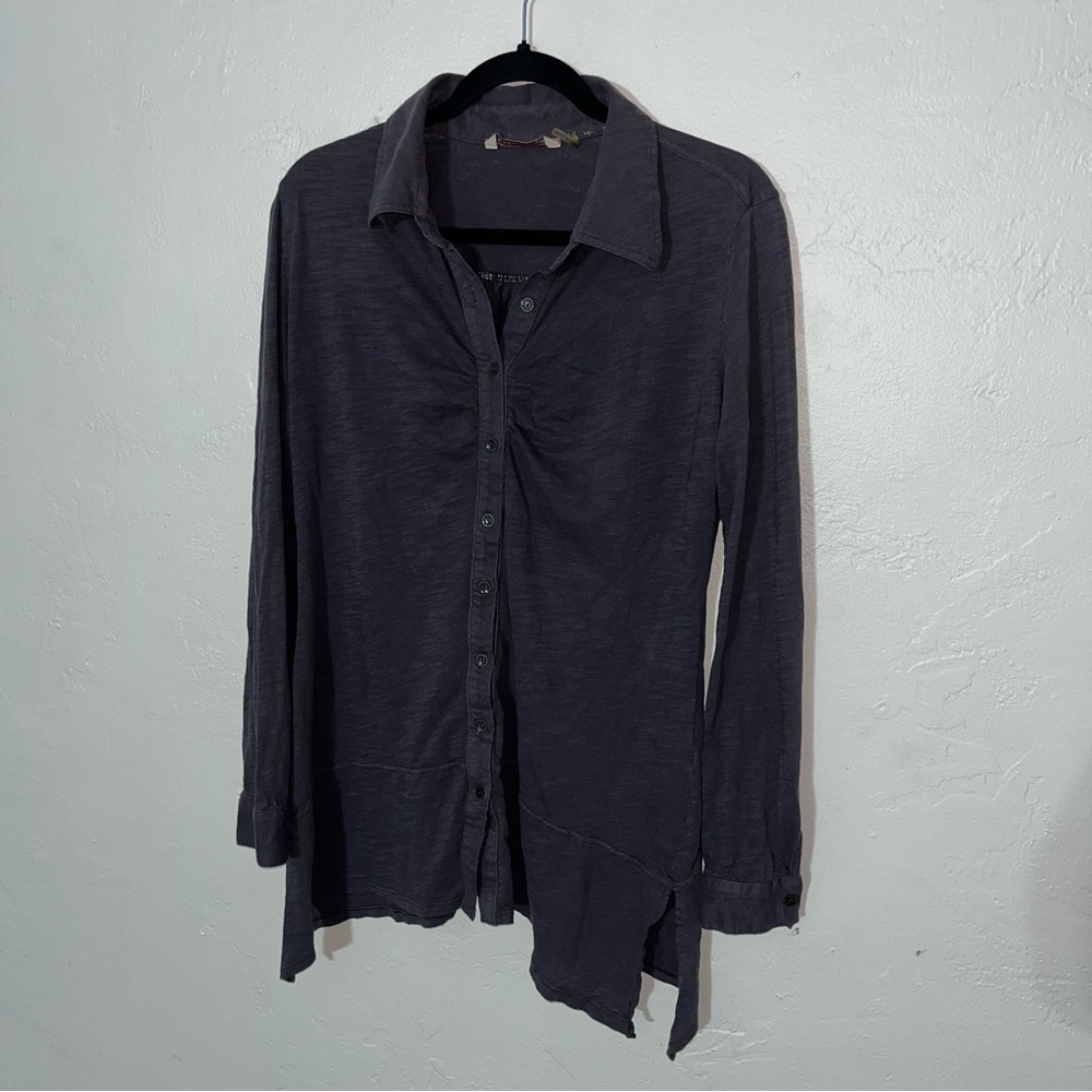 Soft Surroundings 100% Cotton Button Down Knit Shirt Charcoal Ruched Bust